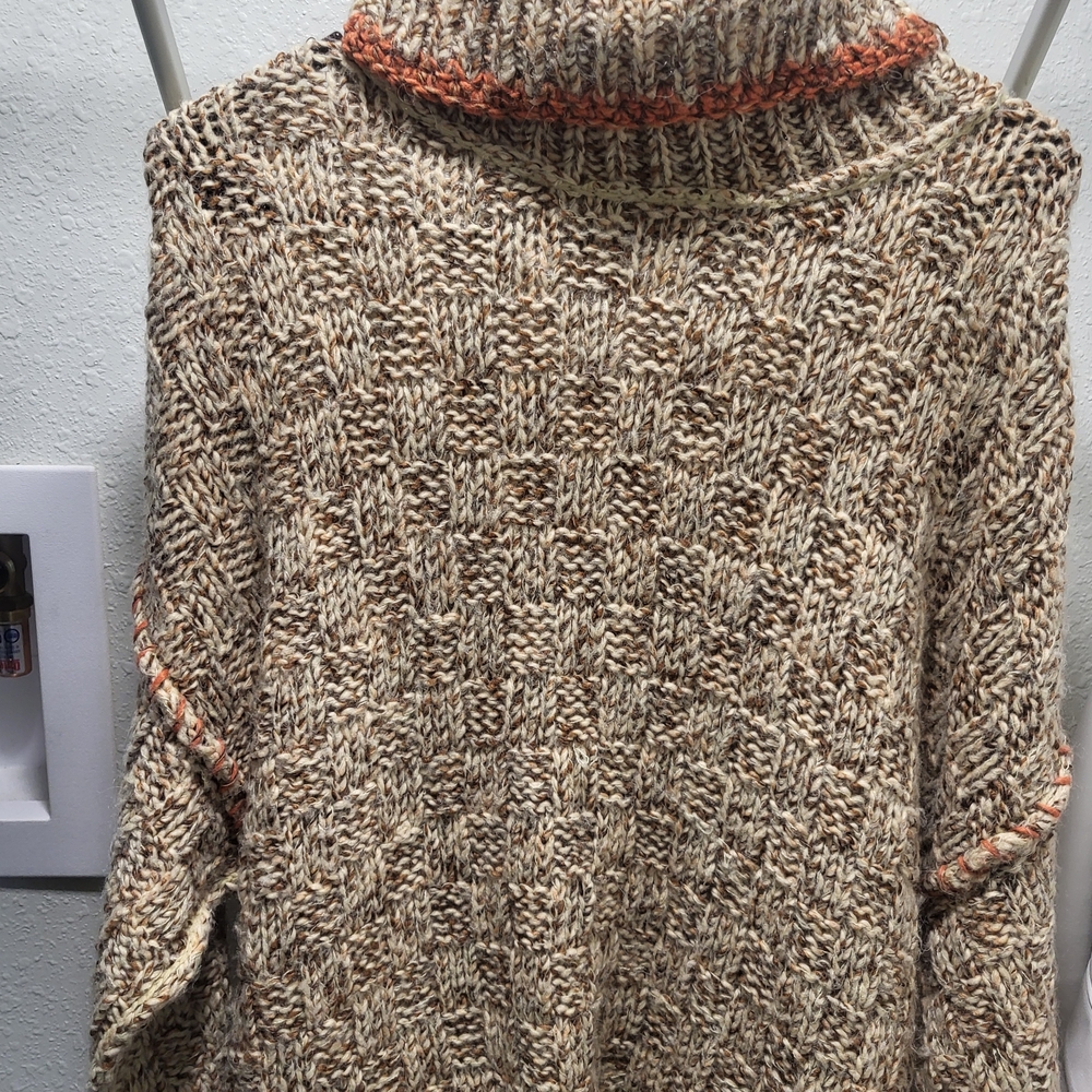Free People Marled Turtleneck Sweater in Cream and Brown with Orange Trim